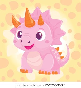 A charming digital illustration of a cute pink baby dinosaur. The soft pastel background with abstract patterns enhances the friendly and cheerful vibe of the image.