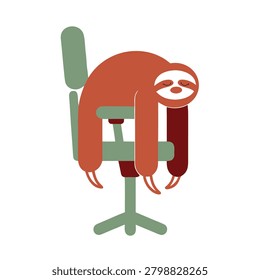 A charming digital illustration depicts a reddish-brown sloth lounging comfortably in a green office chair, eyes closed in peaceful repose. Ideal for stress-relief concepts and slow-living themes.