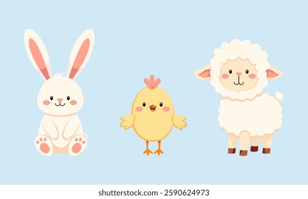 A charming digital illustration featuring an adorable bunny, a cheerful chick, and a fluffy lamb on a light blue background. Perfect for Easter-themed designs, greeting cards, and children's projects.