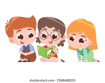 A charming digital illustration of three children sitting together, happily reading a book.