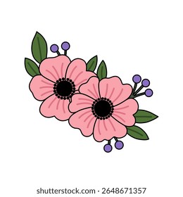 Uma ilustração digital encantadora de duas flores cor-de-rosa adornadas com folhas verdes e bagas de lavanda. O design é colorido e elegante, adequado para as necessidades de arte, decoração ou artigos de papelaria.