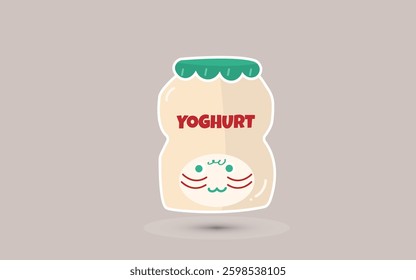 A charming digital illustration of a yoghurt bottle with a playful and adorable face design, set against a transparent background.