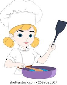 A charming digital illustration of a young female chef with blonde hair, wearing a white chefs hat and uniform, stirring food in a purple frying pan with a spatula