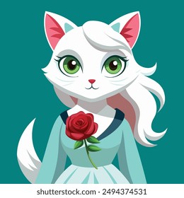 Una encantadora pintura digital que captura la esencia de la personalidad del atractivo gato blanco con pelo blanco y ojos grandes y expresivos. Ella lleva puesto un vestido blanco.