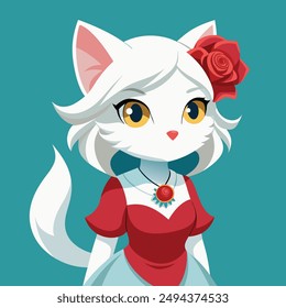 Una encantadora pintura digital que captura la esencia de la personalidad del atractivo gato blanco con pelo blanco y ojos grandes y expresivos. Ella lleva puesto un vestido blanco.