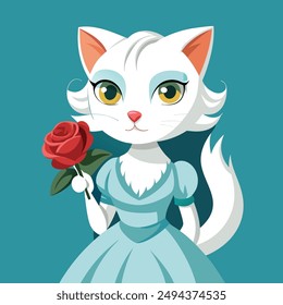 Una encantadora pintura digital que captura la esencia de la personalidad del atractivo gato blanco con pelo blanco y ojos grandes y expresivos. Ella lleva puesto un vestido blanco.