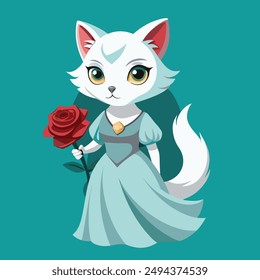 A charming digital painting that captures the essence of the attractive white cat's personality with white hair and big, expressive eyes. She is wearing a white dress.