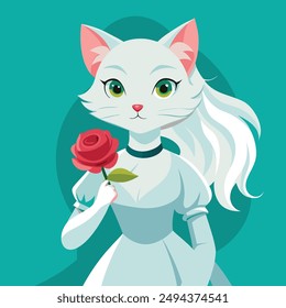 Una encantadora pintura digital que captura la esencia de la personalidad del atractivo gato blanco con pelo blanco y ojos grandes y expresivos. Ella lleva puesto un vestido blanco.