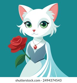 Una encantadora pintura digital que captura la esencia de la personalidad del atractivo gato blanco con pelo blanco y ojos grandes y expresivos. Ella lleva puesto un vestido blanco.