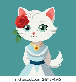 Una encantadora pintura digital que captura la esencia de la personalidad del atractivo gato blanco con pelo blanco y ojos grandes y expresivos. Ella lleva puesto un vestido blanco.