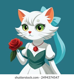 Una encantadora pintura digital que captura la esencia de la personalidad del atractivo gato blanco con pelo blanco y ojos grandes y expresivos. Ella lleva puesto un vestido blanco.