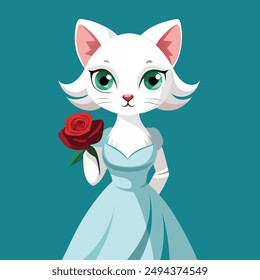 Una encantadora pintura digital que captura la esencia de la personalidad del atractivo gato blanco con pelo blanco y ojos grandes y expresivos. Ella lleva puesto un vestido blanco.