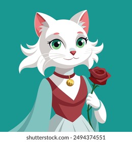 Una encantadora pintura digital que captura la esencia de la personalidad del atractivo gato blanco con pelo blanco y ojos grandes y expresivos. Ella lleva puesto un vestido blanco.