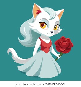 Una encantadora pintura digital que captura la esencia de la personalidad del atractivo gato blanco con pelo blanco y ojos grandes y expresivos. Ella lleva puesto un vestido blanco.