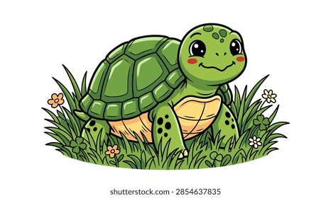 A charming digital vector artwork featuring a friendly cartoon turtle or tortoise with large expressive eyes and a textured shell. The character is seated calmly within a small garden patch consisting of vibrant green grass blades and tiny blooming daisies.