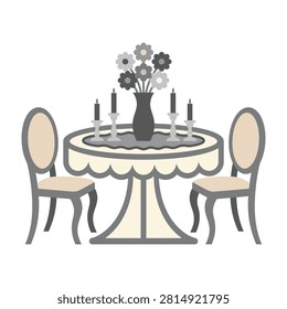 A charming dining table arrangement featuring two elegant chairs, a central vase filled with blooming flowers, and four lit candles, perfect for romantic dining.