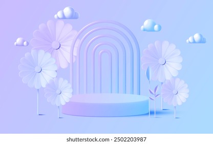 A charming display of large paper flowers in shades of blue, yellow, and pink, arranged artistically against a warm, pastel-colored circular backdrop.