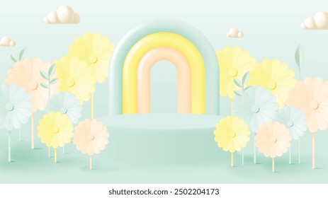 A charming display of large paper flowers in shades of blue, yellow, and pink, arranged artistically against a warm, pastel-colored circular backdrop.