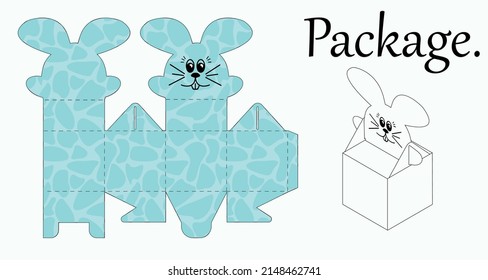 Charming DIY party box for birthdays, children's parties with a cute bunny for sweets, sweets, small gifts. Colour scheme for printing. Print, cut out, fold, glue. Vector stock illustration. 