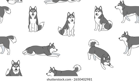 Charming dog breed pattern featuring active huskies in various poses