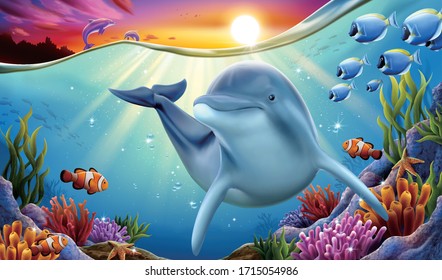 Charming dolphin playing at coral reef underwater with other dolphins breaching and dreaming sunset hanging above water surface, 3d illustration