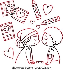 Encantadora obra de arte de doodle que representa a un niño y una niña compartiendo un momento tierno, rodeado de corazones alegres, lápices de colores y alegres tarjetas hechas a mano, que simbolizan el amor juvenil y la felicidad creativa