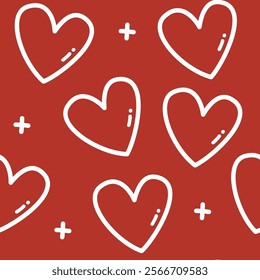 Charming doodle of intertwined hearts line on red background seamless pattern 