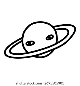 Ein charmantes Doodle eines Planeten mit Ringen und einem einfachen fremden Gesicht in schwarzer Tinte.