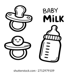 Un encantador juego de doodle de artículos esenciales para bebés: chupetes y un biberón, perfecto para diseños de bebés.