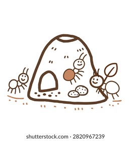 A charming doodle style drawing featuring friendly smiling ants working around and inside a small earthen anthill mound on a white background