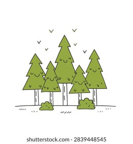 A charming doodle style drawing featuring a group of stylized pine trees bushes and flying birds isolated on a plain background