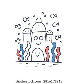 A charming doodle style drawing of an underwater castle surrounded by swimming fish and colorful seaweed plants