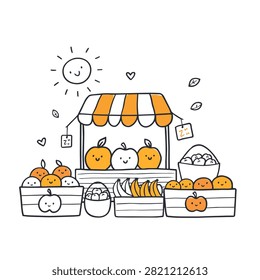 A charming doodle style fruit market stall featuring smiling apples, oranges, and bananas in crates under a striped awning with a happy sun