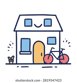 A charming doodle style house featuring a smiling roof, a yellow door, blue windows, and a bicycle parked in front, with a small potted plant on the side.