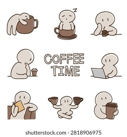 A charming doodle vector collection featuring cute minimalist cartoon characters in various coffee-related scenarios, including working on a laptop, reading, feeling tired, and holding big coffee cups. Includes the hand-drawn text 'COFFEE TIME'. Perfect for coffee shop branding, social media stickers, Monday office humor graphics, and cafe menus.