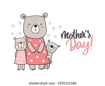 Charming doodle vector mother bear with her little children. Happy mothers day illustration for gift cards, fashion, presents and others