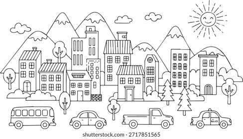 A charming doodle-style cityscape featuring various buildings, cars, and mountains, perfect for a children's coloring book page.