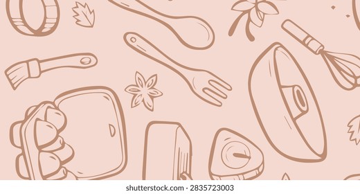 A charming doodle-style pattern featuring various kitchen tools like whisks, forks, spoons, and brushes, alongside ingredients such as star anise and leaves, on a soft pink background.