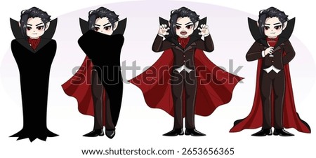 Charming Dracula Vampire Front Face: Wrapped, Emerging, Attacking and Drinking Poses Collection. Cartoon Monster Illustration