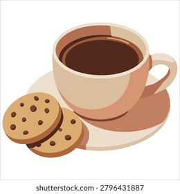 Charming drawing of cup of coffee or tea and chocolate cookie digital