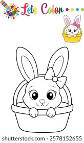 Charming Easter bunny in a basket filled with eggs, perfect for kids' coloring activities and preschool fun.	