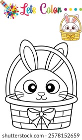 Charming Easter bunny in a basket filled with eggs, perfect for kids' coloring activities and preschool fun.	