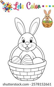 Charming Easter bunny in a basket filled with eggs, perfect for kids' coloring activities and preschool fun.	