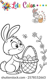 Charming Easter bunny in a basket filled with eggs, perfect for kids' coloring activities and preschool fun.	