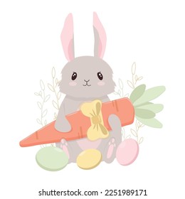 Charming Easter Bunny with a big carrot in its paws.