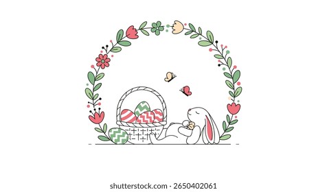Charming easter bunny decorating eggs surrounded by flowers and butterflies