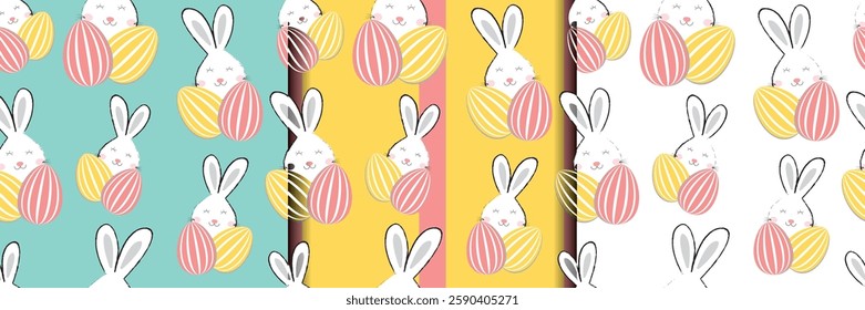 Charming Easter bunny seamless pattern with pastel-striped eggs on diverse backgrounds. A festive, modern spring design ideal for textiles, wrapping paper, scrapbooking, holiday decor, and digital