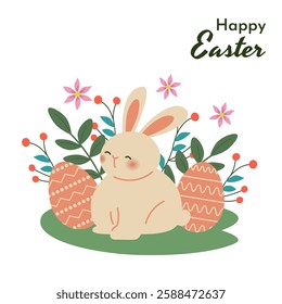 Charming Easter bunny sits on a meadow, surrounded by colorful eggs and blooming spring flowers. Ideal for holiday greeting cards, invitations, and festive decorations