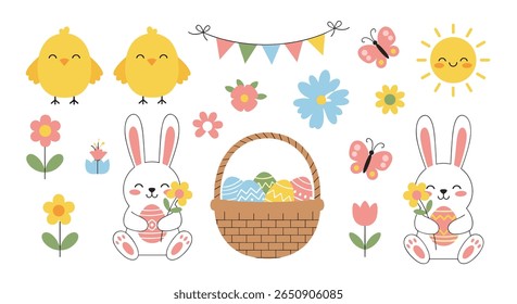 Encantador easter celebração elementos com bonitos coelhinhos coelhinhos cestas flores e dias ensolarados