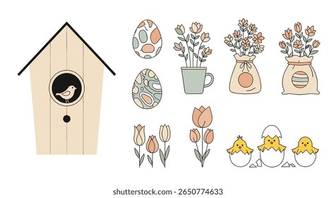 Charming easter decorations featuring a birdhouse blossoms and chicks in eggshells